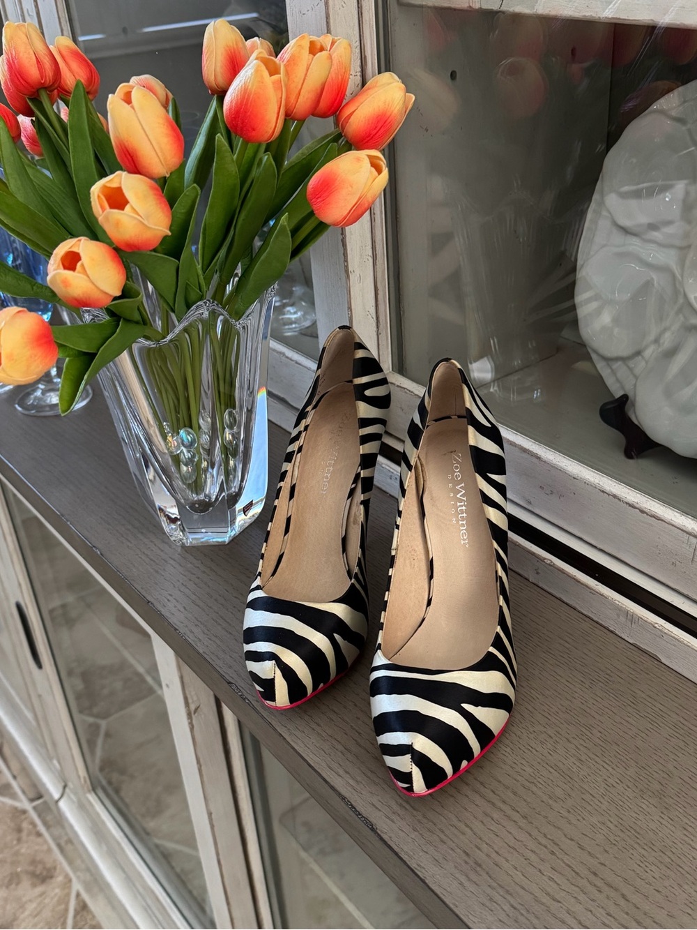 Zoe Wittner Zebra-Print Pointed Toe Pumps in Black and White